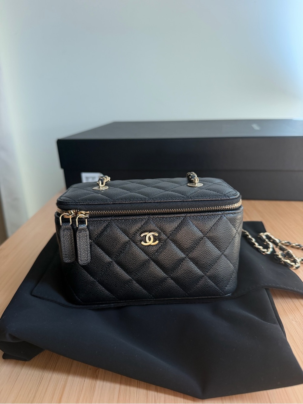 CHANEL Black Quilted Lambskin Caviar Vanity Crossbody w champagne/gold Hardware